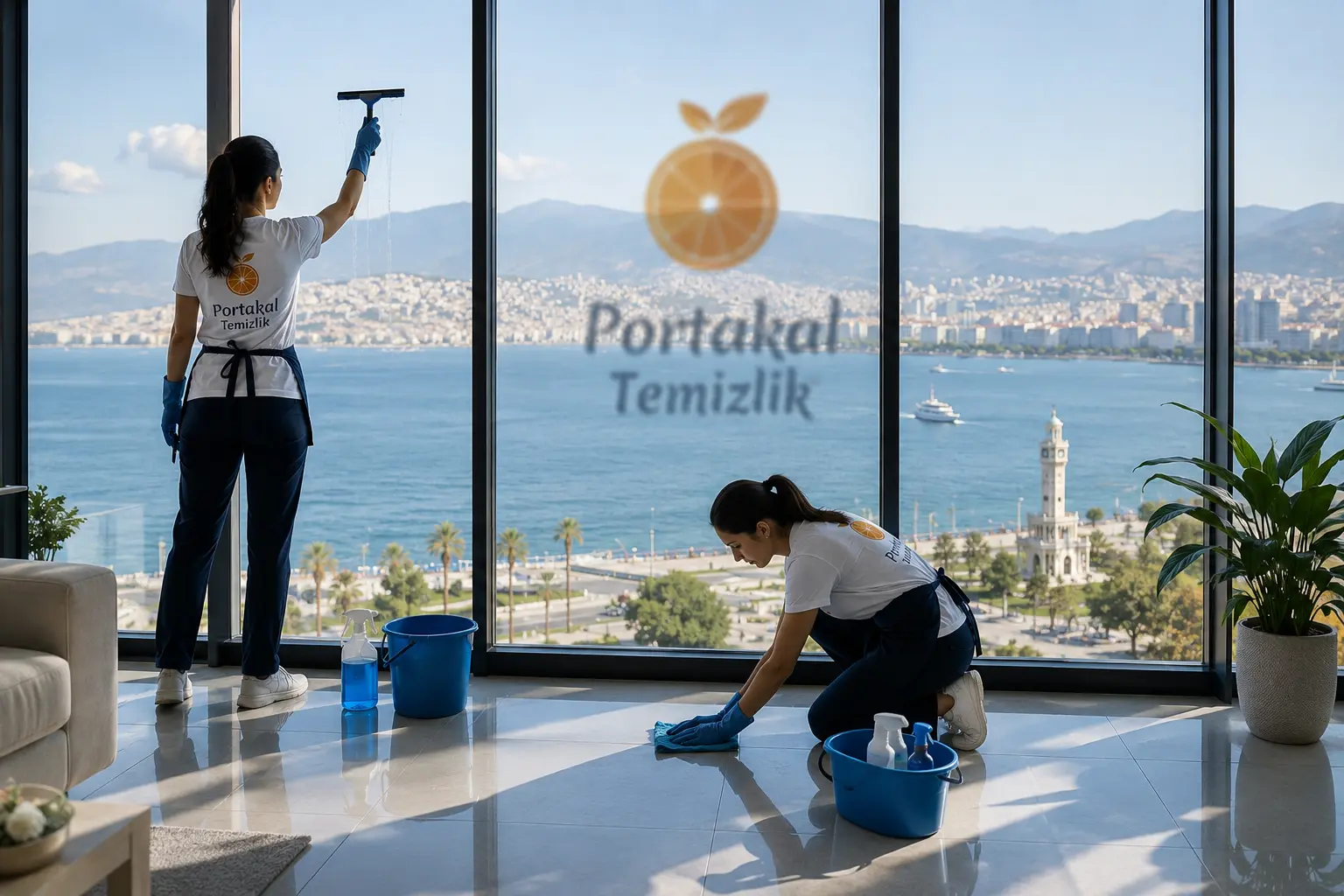 Temizlik malzemeleri illüstrasyonu: kova, sprey şişe, bez ve portakal
